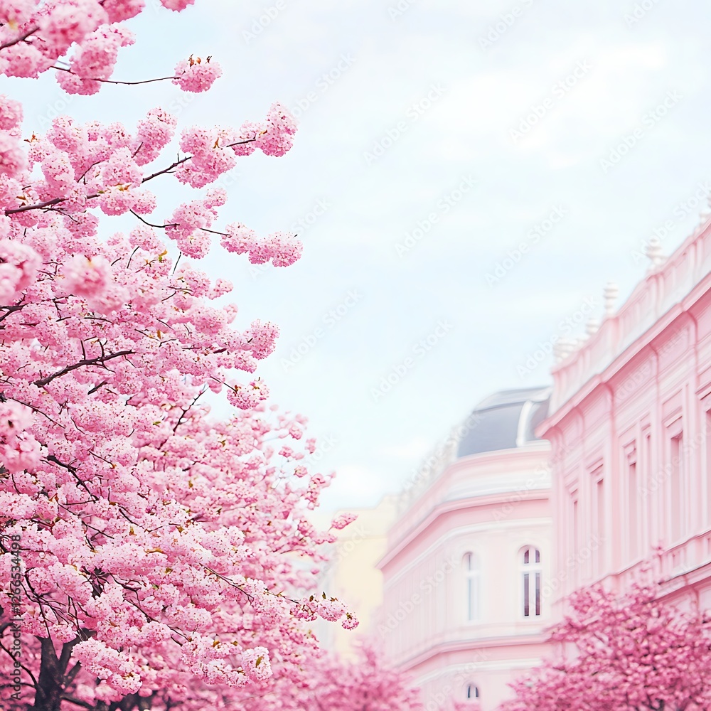 Poster Pink blossoms frame city buildings; spring bloom use in greeting cards, web design