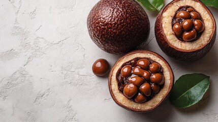 Obraz premium Tropical fruit with opened pods showing seeds inside isolated on white background. Generative AI