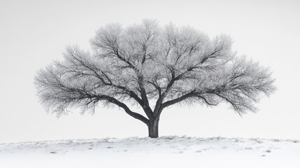 Solitary Tree Covered in Snow Against a White Background. Generative AI