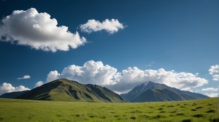 Fototapeta premium mountains with a few clouds in the sky and a green field