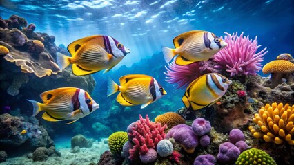 Obraz premium Vibrant Reef Fish Swimming Amongst Colorful Coral and Anemone in a Thriving Underwater Ecosystem