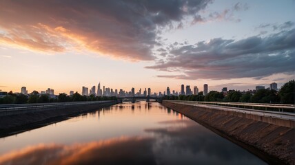 arafed view of a city skyline with a river and a bridge