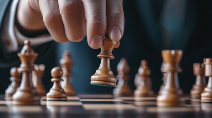 Businessman in an elegant suit moving a queen piece on a chessboard, initiating a new strategy to gain an edge in the competitive business landscape