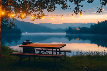 Cooking on the fire in the forest at sunset. Camping concept
