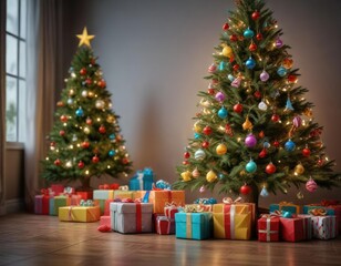 Colorful presents and decorations around a small Christmas tree, Gift-wrapped presents, gift wrapping ideas