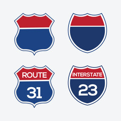 Interstate sign icon set. American interstate highway sign, red and blue isolated on white background, vector illustration.