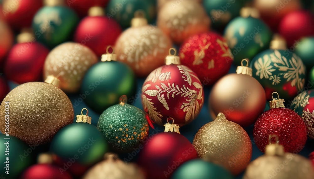 Poster colorful close-up of shiny christmas ornaments with gold patterns and textured surfaces for festive 