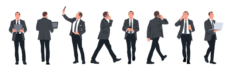 Set of Businessman character in different poses. Handsome man wearing formal suit standing, walking, using phone, tablet, laptop, front, back, side view. Vector realistic illustration isolated