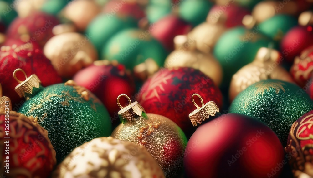 Poster colorful close-up of shiny christmas ornaments with gold patterns and textured surfaces for festive 