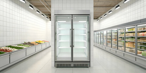 Brightly Lit Grocery Store Aisle With Refrigerated Display Cases And Food
