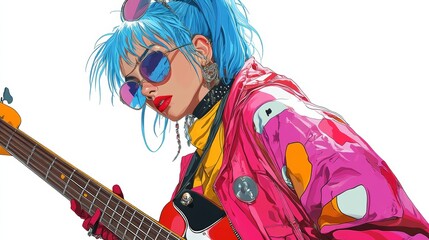 Obraz premium Cool Girl Playing Bass Guitar - Vibrant Pop Art Illustration