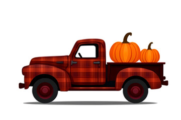 Vintage Red Plaid Truck with Pumpkins