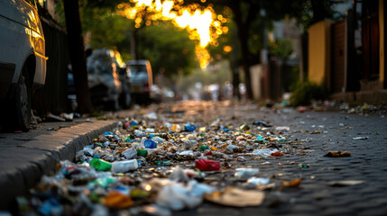 street covered in litter, garbage piling up on sidewalk