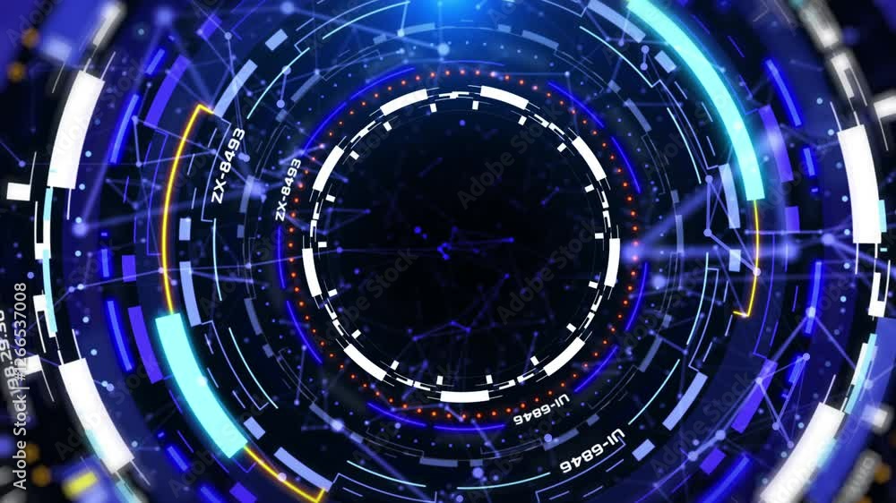 Aufkleber Technology HUD circle spinning element with low poly. Futuristic geometric shape rotating for game, infographic, business 4K motion on blue background.