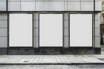 blank billboard on the wall,empty signboard,white empty banner,concept of advertisement and marketing,three blank advertising panels