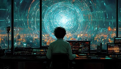 Data analysis specialist overlooking shimmering futuristic cityscape