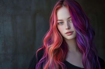Naklejka premium model with long, vibrant purple and red hair, styled in colorful waves that frame her face, showcasing the beauty of hair color design for a professional photoshoot.