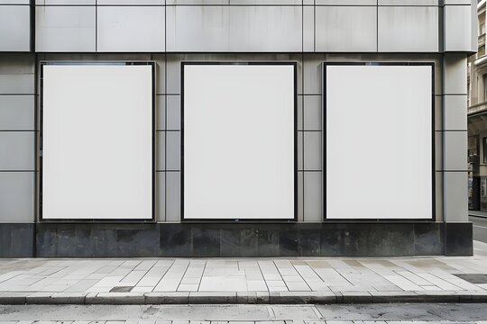 blank billboard on the wall,empty signboard,white empty banner,concept of advertisement and marketing,three blank advertising panels