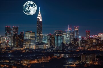 Naklejka premium Cityscape at night with a large moon in the sky, can be used for tourism, travel, or any city-related topic