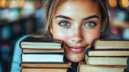 A young woman with beautiful eyes rests her chin on a stack of books in a library. This image evokes a feeling of serenity, knowledge and intelligence.