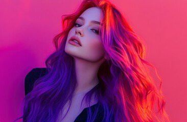 Fototapeta premium model with long, vibrant purple and red hair, styled in colorful waves that frame her face, showcasing the beauty of hair color design for a professional photoshoot.
