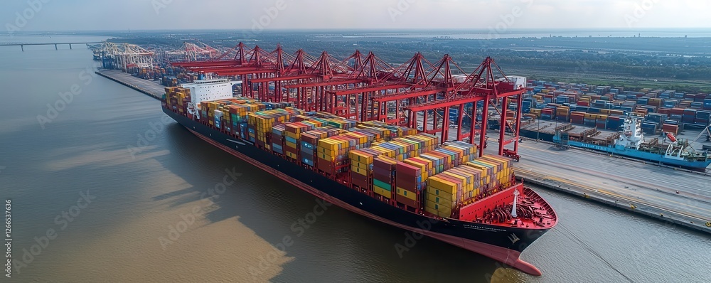 Poster a large cargo ship loaded with colorful containers is docked at a port, surrounded by numerous shipp