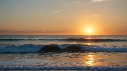 Fototapeta premium sunset over the ocean with waves crashing in front of a beach