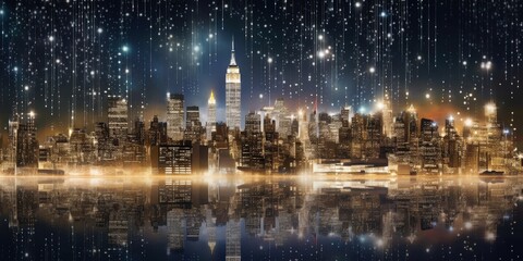 Cityscape at night with falling stars. Night photography with bright building lights