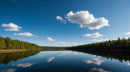 arafed view of a lake with trees and a blue sky