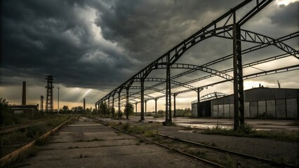 Dark metallic landscape with twisted metal beams and a polluted sky, heavy, dark, industrial, polluted, grimy