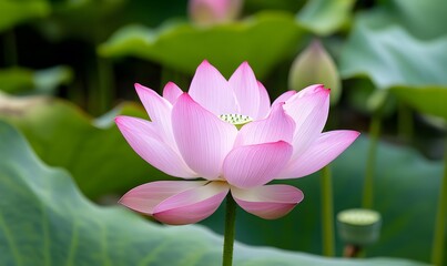 Fototapeta premium A pink lotus flower blooms, with a green leaf background, Generative AI