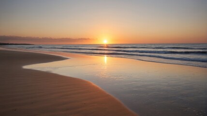 araffe sunset over the ocean with a surfer walking along the beach
