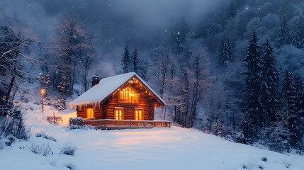 Cozy wooden cabin surrounded by deep snow warm lights glowing through the windows set against a twilight winter sky an inviting and serene snowy landscape scene with copy space included