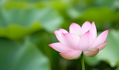 Obraz premium A pink lotus flower blooms, with a green leaf background, Generative AI