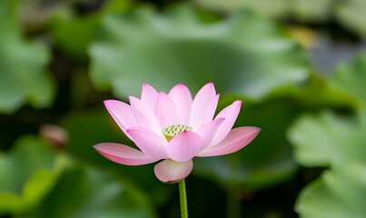 A pink lotus flower blooms, with a green leaf background, Generative AI