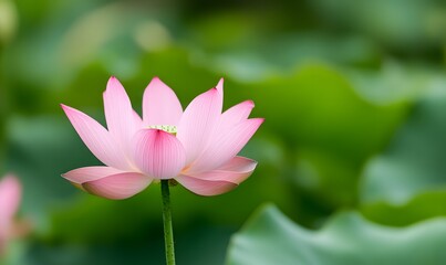 Obraz premium A pink lotus flower blooms, with a green leaf background, Generative AI