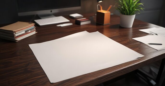 Dark wooden desk with a blank sheet of paper on it, workspace, clutter free