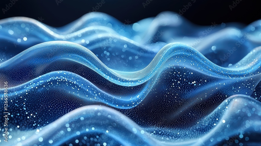 Poster abstract representation of flowing waves with shimmering blue tones.