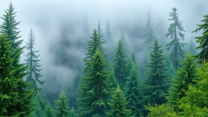 Towering conifers shrouded in a thick fog veil, evergreen, green, tree