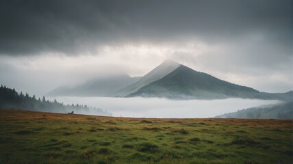 Fototapeta premium mountains with a low cloud cover and a lone horse in the foreground