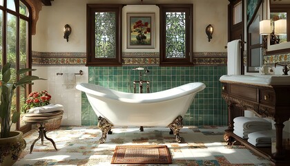 Exquisite vintage bathroom featuring a freestanding tub and ornate details