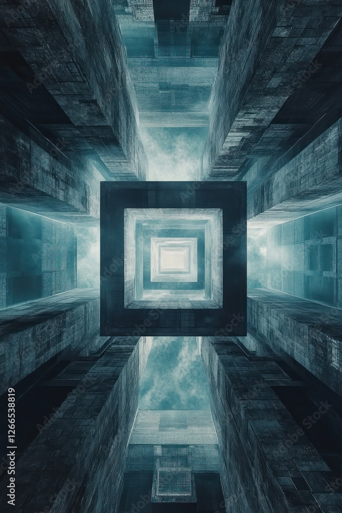 Poster abstract view of a futuristic architectural structure with geometric shapes and ethereal lighting, c