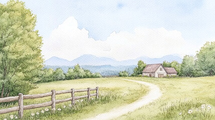Watercolor Painting of a Peaceful Countryside Landscape
