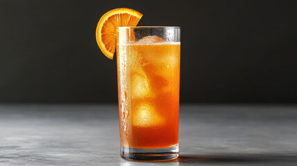Fresh orange juice with ice and slice of orange garnish