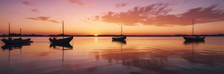 Deserted boats on the water in Laguna Formosa at sunset, wetlands , sunset, lake