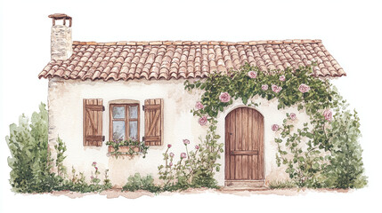 Watercolor Painting of a Charming French Cottage