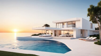 Fototapeta premium Modern white simple house with a swimming pool facing the sea at sunset.