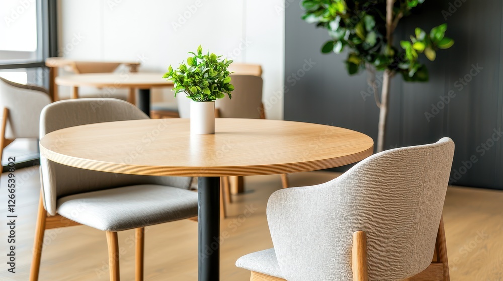 Poster elderly accessible design concept, cozy and accessible dining area featuring rounded edge tables and
