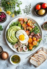 healthy plates, eggs and chicken on white table with some vegetables.colorful salad is placed in the center, including quail egg and fried meat slices.