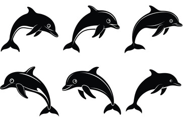 Fototapeta premium Dolphin jump silhouettes, playful dolphins silhouette vector set